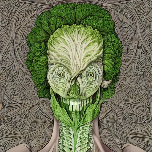 Image similar to the anatomy of a head of lettuce that looks like a pretty woman, an ultrafine detailed painting by james jean, intricate linework, full color, studio ghibli, behance contest winner, vanitas, angular, altermodern, unreal engine