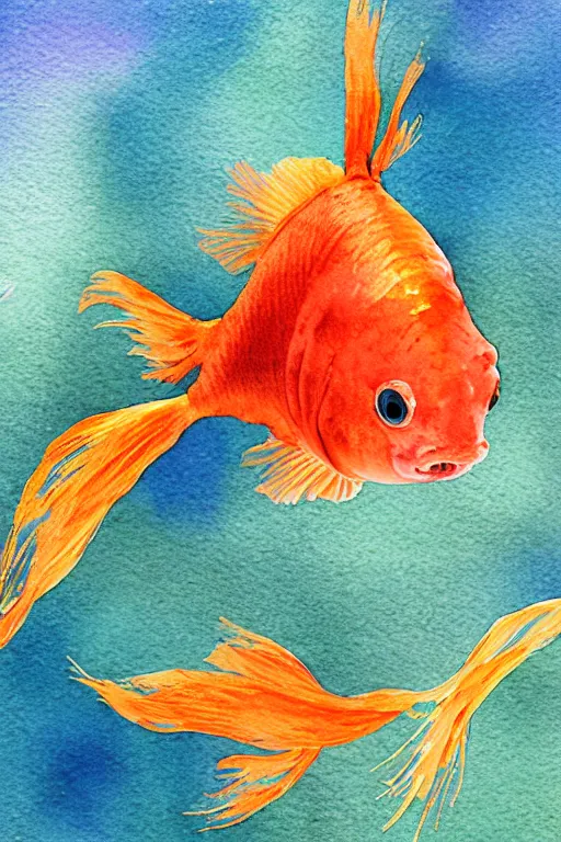 Image similar to wide angle scene of an award winning watercolor painting of a Siamese fighting goldfish, digital art