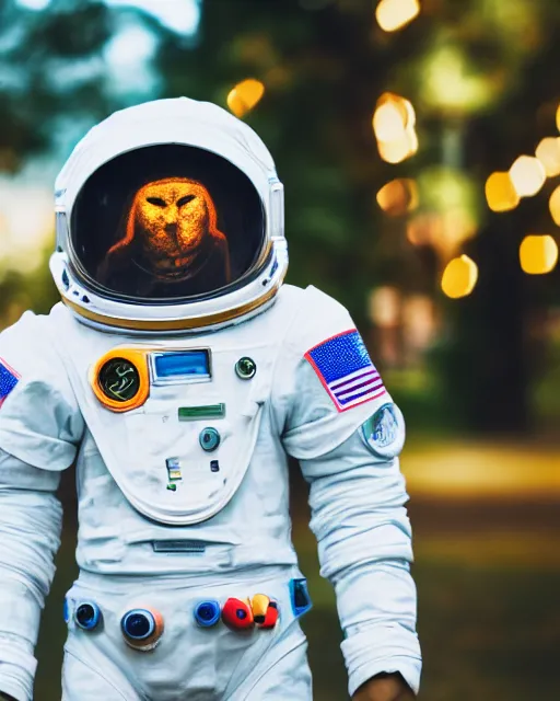 Image similar to high quality presentation photo of a humanoid in spacesuit, photography 4k, f1.8 anamorphic, bokeh, 4k, Canon, Nikon