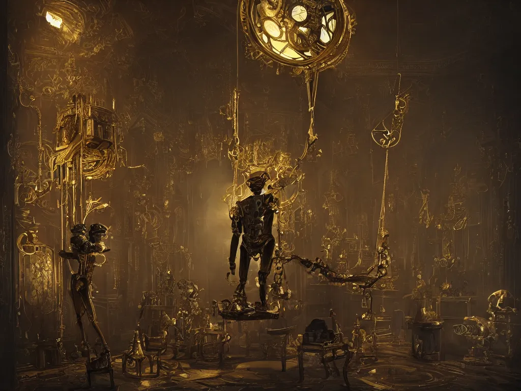 Prompt: a giant clockwork marionette made of brass and gold, in a dark moody interior, puppet, ornate, engraved, highly detailed, fantasy, render, octane, raytracing, unreal engine, cinematic, trending on artstation, illustration, in the style of simon lee, piotr jablonski, artgerm and greg rutkowski, dishonored