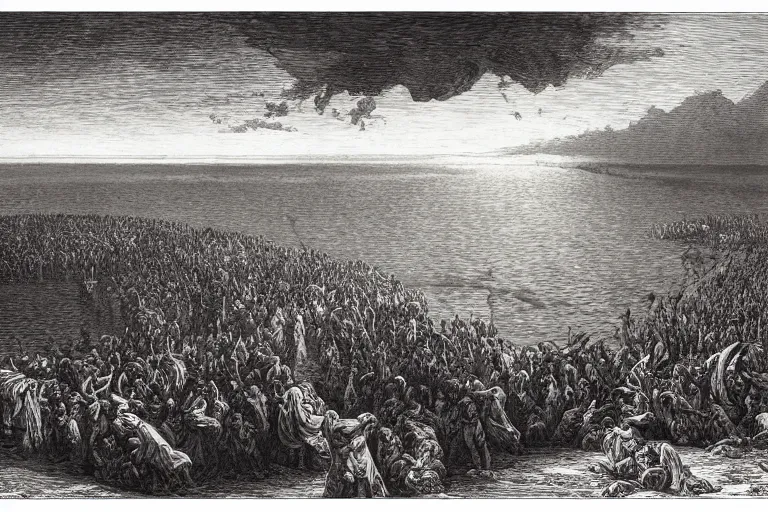 Prompt: aerial view, the biblical crossing of the red sea, Gustave Dore lithography