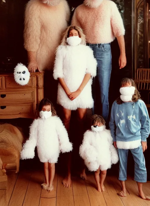 Image similar to realistic photo of the family wearing fluffy hairy masks, white fluffy cotton shorts, polished and fancy, standing in the wooden room full of wooden furniture 1 9 9 0, life magazine reportage photo