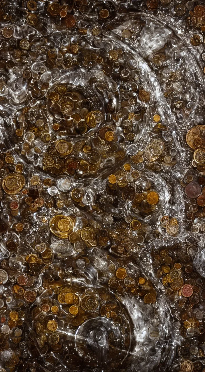 Prompt: a stream of water entering a mechanism made from organs and producing a coin in the style of carlo scarpa, photographic , 8k