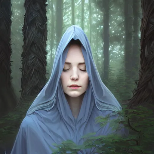 Prompt: wide angle, cloaked woman, sleeping on base of tree, white grey blue color palette, eyes closed, forest, female, d & d, fantasy, intricate, elegant, highly detailed, long brown hair, digital painting, artstation, octane render, concept art, matte, sharp focus, illustration, hearthstone, art by artgerm, alphonse mucha johannes voss