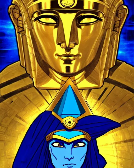 Image similar to a pharaoh made of blue crystal with a golden mask and helmet hovers ominously in the air inside a high - tech tomb, comic cover painting, masterpiece artstation. 8 k, sharp high quality artwork in style of wayne reynolds, alphonse mucha, arthur adams, greg rutkowski, and don bluth, concept art by jack kirby