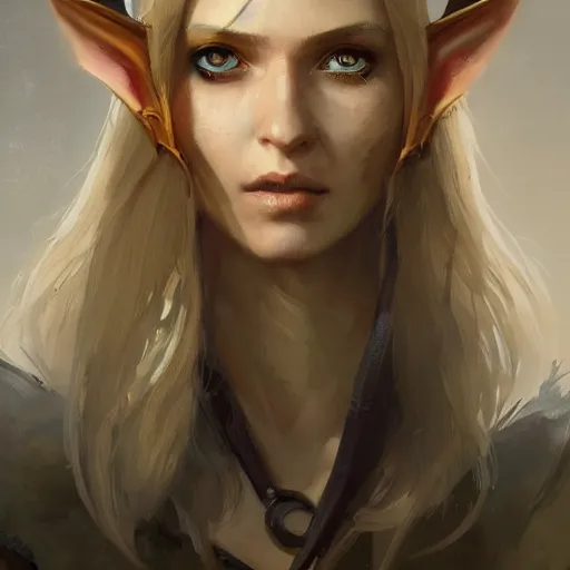 Image similar to A head-on detailed oil portrait of a distinguished elf woman with small copper horns, long blonde hairs and bright irises, by greg rutkowski, trending on artstation, dungeon and dragons art