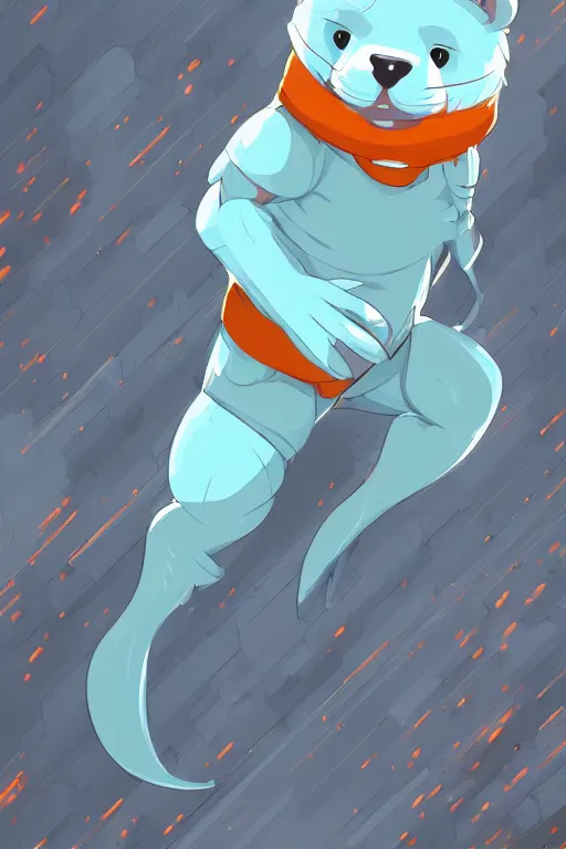 Prompt: photo of a cute male gray turquoise white orange otter fursona wearing tight futuristic clothes a city, fantasy, paws, 8 k resolution, hyper detailed, character design