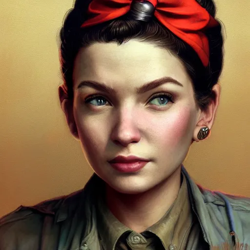 Image similar to A portrait of Rosie the Riveter, industrial setting, final fantasy, intricate digital painting, cinematic lighting, highly detailed, artstation, concept art, illustration, smooth, sharp focus, painting by Craig Mullins, artgerm , greg rutkowski, alphonse mucha, editor's pickup, trending on artstation, trending on deviantart, WLOP, 8k