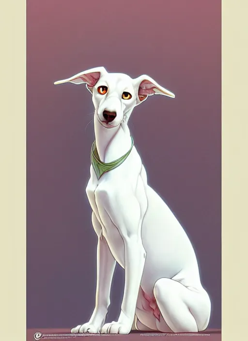 Image similar to cute white greyhound, natural lighting, path traced, highly detailed, high quality, digital painting, by don bluth and ross tran and studio ghibli and alphonse mucha, artgerm