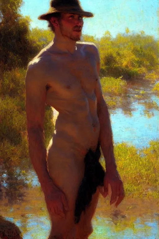 Image similar to attractive man by a river, bright sunlight, oil covered skin, painting by gaston bussiere, craig mullins