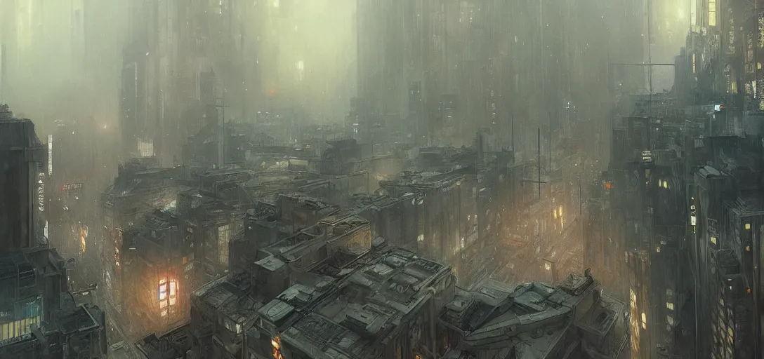 Prompt: 2 0 1 8 blade runner movie still cityscape from roof, sci - fi elegant by dennis villeneuve, tom anders, zorn hans, dragan bibin, thoma, greg rutkowski, ismail inceoglu illustrated sand storm alphonse mucha