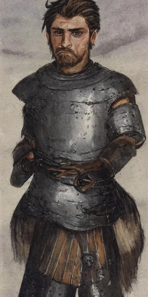 Image similar to Photo of the character of the Breton race with pale ash-colored skin, glowing bright yellow eyes with vertical pupils, black thick hair with a touch of gray to the shoulders, with neat stubble, similar to a small beard and with a strong build. He wore a plain old shirt, with a light leather armor over it, and leather pants with a belt, and a floor-length hooded cloak over his back, beautiful light, cinematic, shrap focus, illustration, full body, elegant, highly detailed, 8k, photorealism