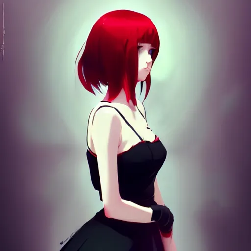 Image similar to elegent girl with red hair and green eyes, wearing a white dress, red and black color palette, in the style of and ilya kuvshinov and greg rutkowski, high quality anime artstyle, intricate