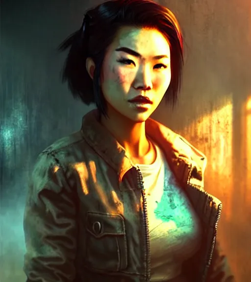 Prompt: fallout 5, charismatic beautiful rugged asian female protagonist, portrait, outdoors in a dilapidated tokyo back alley, atmospheric lighting, painted, intricate, volumetric lighting, daytime, autumn, fog, sharp focus, ultra detailed, art by william turner and ross tran