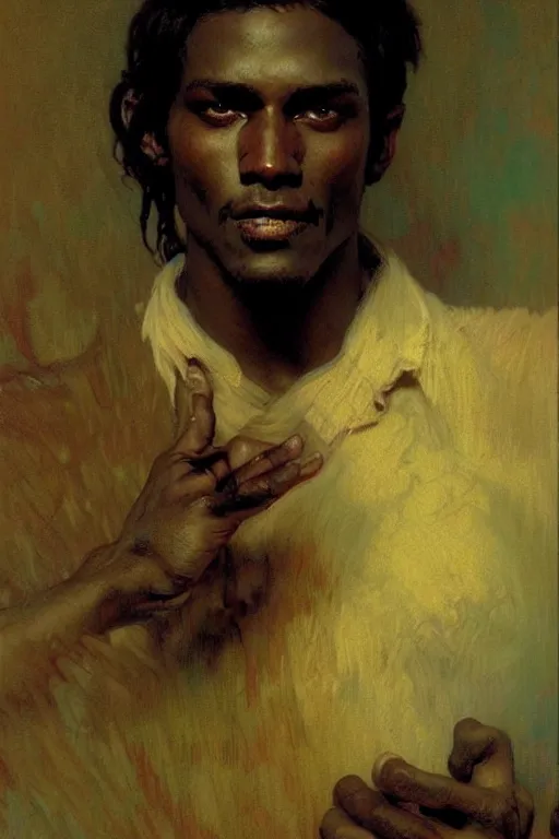 Image similar to attractive man, dark skin, painting by gaston bussiere, craig mullins, greg rutkowski, alphonse mucha