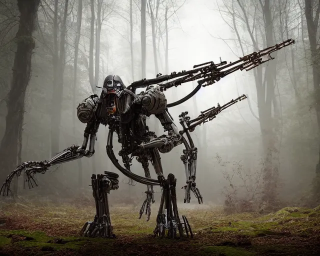 Prompt: photo of general grievous with heavy duty biomechanical hydraulic cybernetic body and 4 arms holding active lightsabers in the forest. cyberpunk horror style. highly detailed 8 k. intricate. nikon d 8 5 0 5 5 mm. award winning photography. art by hr giger and zdzislaw beksinski in the style of hzd
