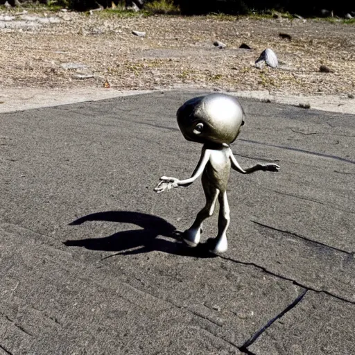 Image similar to two small alien humanoids walking around a landed silver ufo, realistic