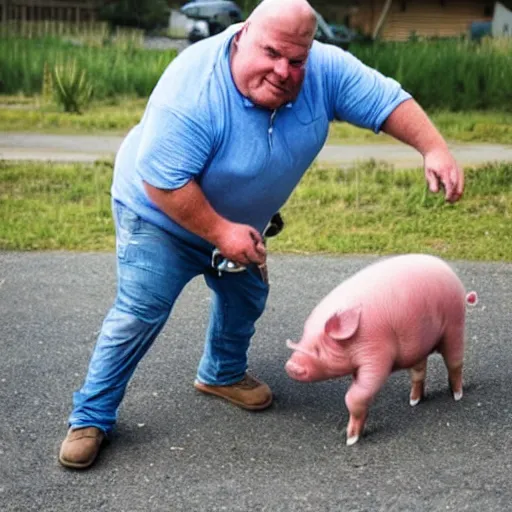 Image similar to photo of : a tough old fat trucker has a small piglet between his legs and he is twisting the piglet, in front of his semi - truck.