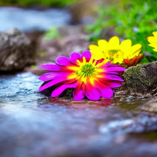 Prompt: colorful flowers growing next to a gentle creek