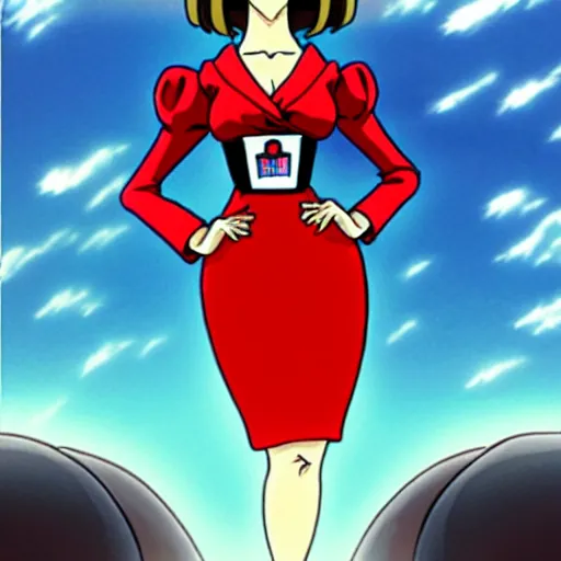 Image similar to a woman in a tight dress with a head like Alexander Lukashenko, with a mustache, Miyazaki anime style