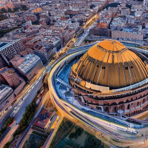 Prompt: the roman colosseum designed by zaha hadid, overhead view, golden hour, 4K Photograph