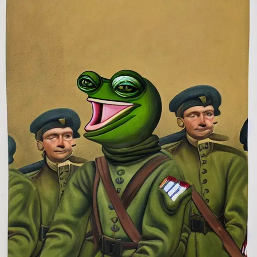 Image similar to pepe the frog in ww 1 military parade, schirmmutzen, pickelhaube, expressive oil painting in style of sandro botticelli and leonardo da vinci, uncropped