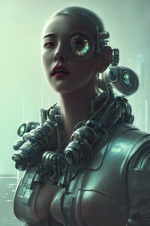 Image similar to a hyper detailed octane render concept art by xision wu, kerem beyit, sandara tang portrait of cyberpunk cyborg, dim lighting, detailed portraits, unreal engine 5, highly rendered,, digital painting, artstation, concept art, smooth, sharp focus perfect horizontal ， symmetry illustration, detailed and intricate environment artstation hq