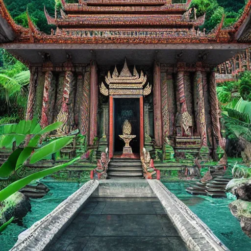 Prompt: 1 6 k unreal engine render of an ancient never seen before thailand high detail temple. complex architecture with intricate pilars. high detailed water., river, jungle background. afternoon light. hyper realistic render, digital illustration, trending on art station