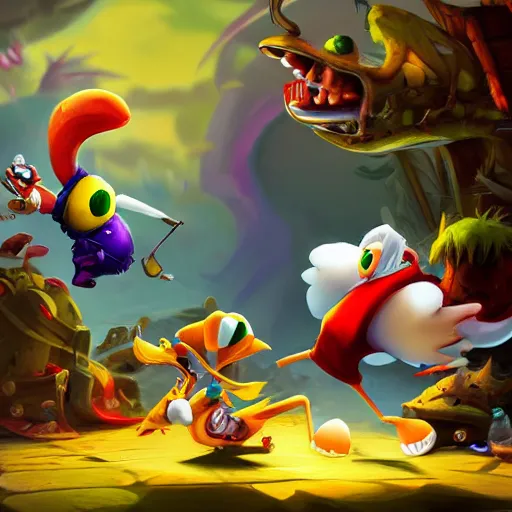 Image similar to rayman legends style painting, ultra realistic, 4 k, octane render, real life characters, high detailed, concept art