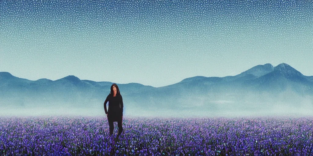 Prompt: large and flowing and panoramic. details are filled in with dots. a woman stands happily in a blue field. in the distance a mountainous forest can be seen. a gray sky with dark blue swirls seems to surround the field.