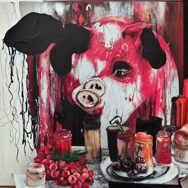 Image similar to “ a portrait in a female art student ’ s apartment, sensual, a pig theme, pork, half - finished sculpture, sculpture work in progress, a candle dripping white wax, clay, squashed berries, berry juice drips, acrylic and spray paint and oilstick on canvas, surrealism, neoexpressionism ”