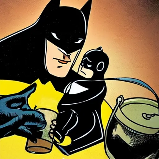 Prompt: batman pouring a pint for a horse aggressively