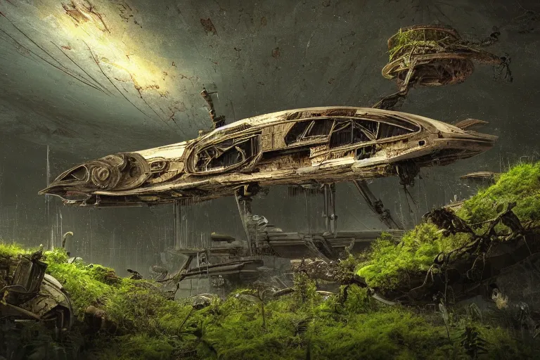 Image similar to derelict spaceship on an alien world, hyper detailed, overgrown with moss, rusty metal, cinematic lighting