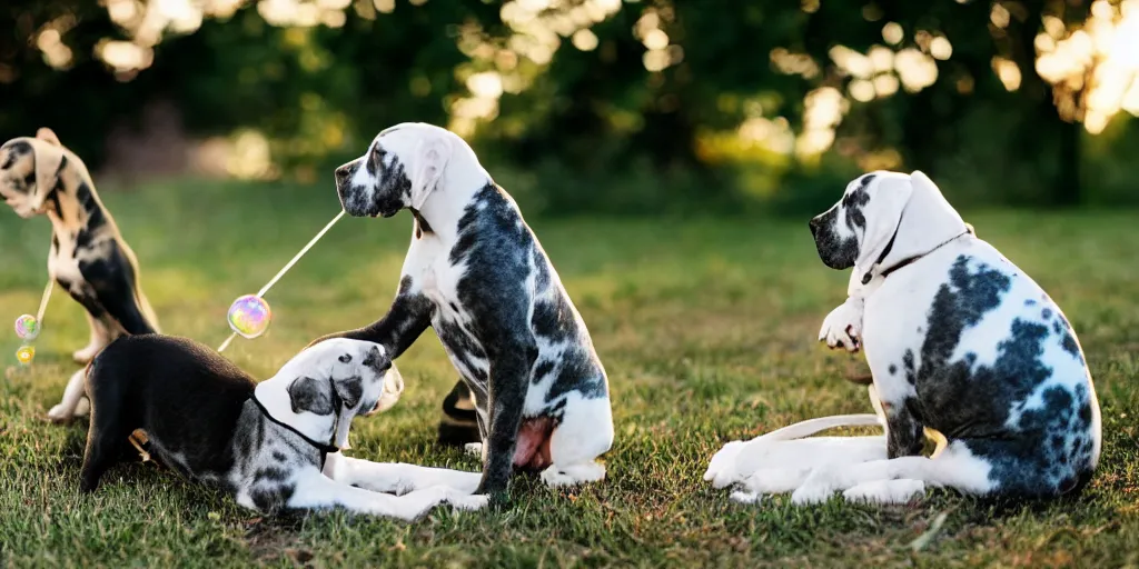 Image similar to a tiny adorable kitten and an elderly great dane are the best of friends, golden hour, back yard, giant iridescent soap bubbles fill the air, bokeh