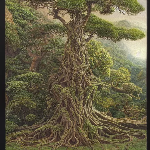 Image similar to a beautiful and highly detailed matte painting of a giant tree in a magical garden in lush forest in the valley of dreams, celtic knots, intricate details, epic scale, insanely complex, 8 k, sharp focus, hyperrealism, very realistic, by caspar friedrich, james gurney, brian froud,