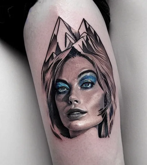 Image similar to beautiful durrealist double exposure tattoo sketch of margot robbie and beautiful mountains mash up, in the style of lesha lauz, amazing detail, sharp