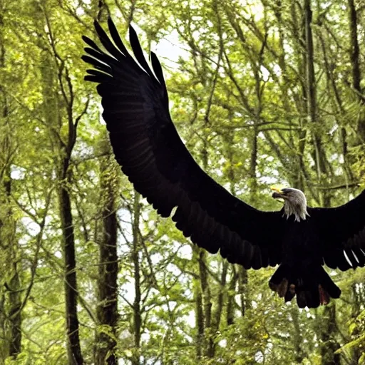 Image similar to black eagle flying over a forest