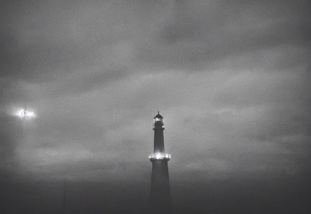 Image similar to lomo photo of burning lighthouse in the middle of a stormy sea, cinestill, bokeh, out of focus, night, dramatic lighting, streetlight