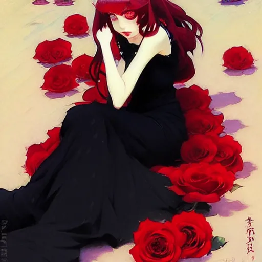 Image similar to beautiful rose anime red - hair girl in elegent black dress, laying on roses, krenz cushart, mucha, ghibli, by joaquin sorolla rhads leyendecker, by ohara koson