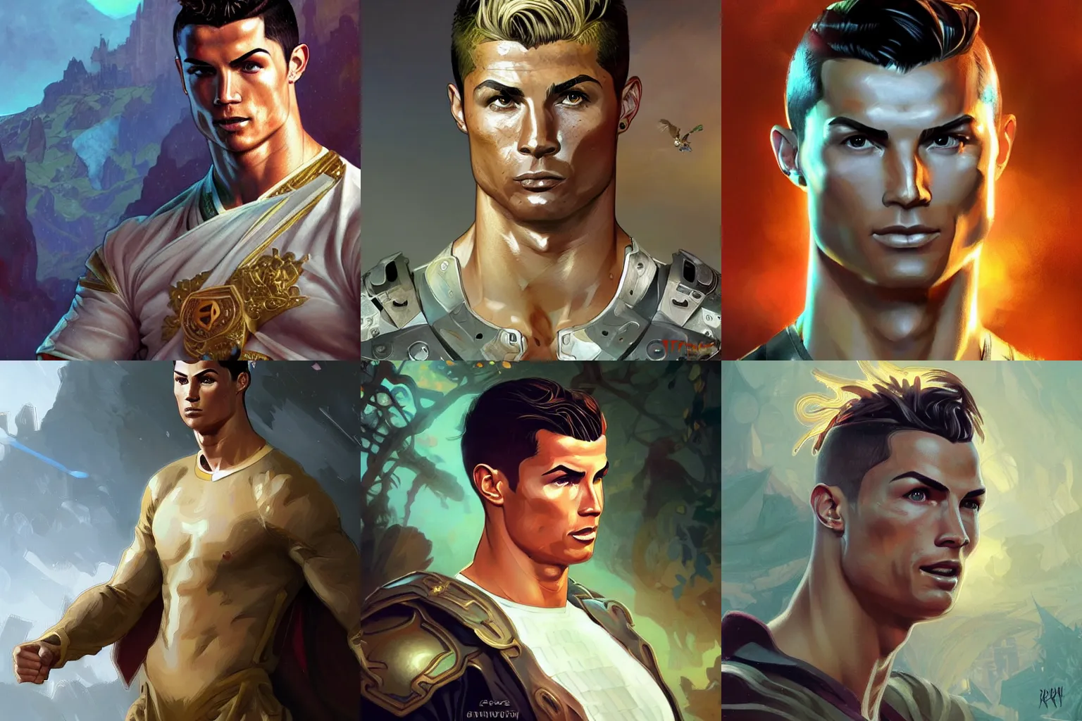 Prompt: Cristiano Ronaldo Russian hero digital fantasy character, painted portrait, artstation, concept art, hard focus, illustrations, works by Artgerm and Greg Rutkowski, Alphonse Mucha and Craig Mullins, James Jean, Andrey Ryabovichev, Mark Simonetti and Peter Morbacher, 16k,