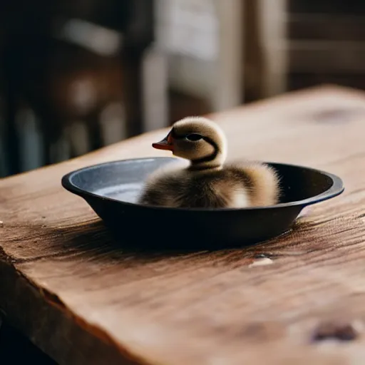 Prompt: a baby duck standing in the center of a cast iron skillet on a wooden table, close up, dslr