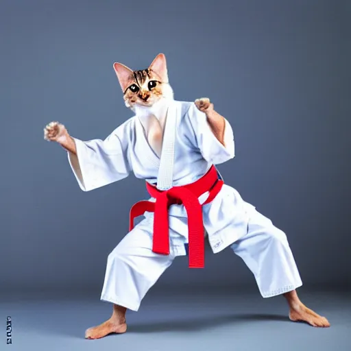 Image similar to realistic photo of a humanoid cat wearing a karate uniform in fighting pose