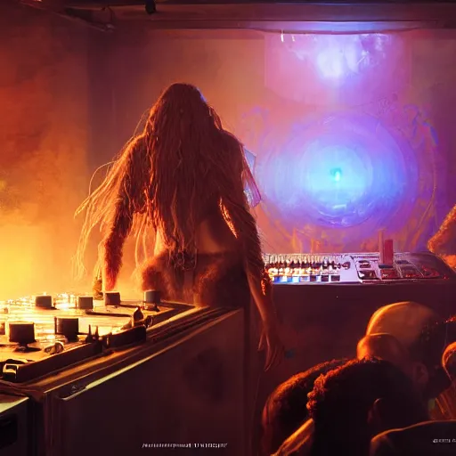 Image similar to a shaman dj in nightclub, people dancing in background, anatomy, bathed in light, highly detailed, photorealistic, artstation, smooth, sharp focus, illustration, unreal engine 5, 8 k, art by artgerm and greg rutkowski and edgar maxence