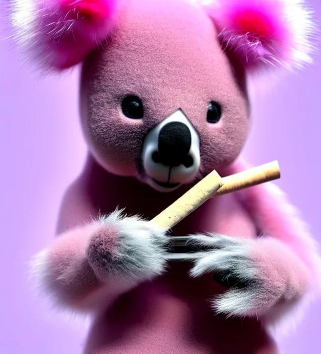 Prompt: high quality 3 d render hyperrealistic very cute small pink koala smoking weed joint, smoke rising from the joint, plush mascot, short spiky dense fluffy smooth hair, photo from the side, pink fluffy fur, 1 5 0 mm, beautiful natural soft light, rim light, vray, smooth background, artstation, ultra detailed
