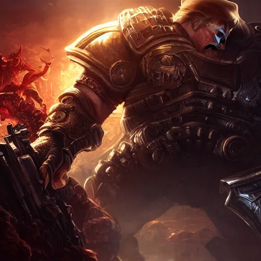 Image similar to Portrait of Trump, League of Legends amazing splashscreen artwork, Gears of War, splash art,natural light, elegant, intricate, fantasy, detailed face, atmospheric lighting, by Greg rutkowski, league of legends splash art, hd wallpaper, ultra high details