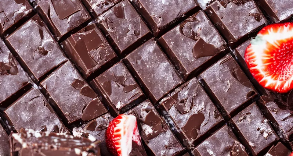 Image similar to A gourmet dark chocolate bar on an opened silver wrapper, next to sliced strawberries, on a wooden tray, macro lens product photo