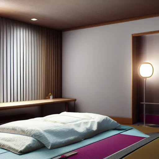 Prompt: still photo of a japanese bed room, highly detailed, photorealistic portrait, bright studio setting, studio lighting, crisp quality and light reflections, unreal engine 5 quality render