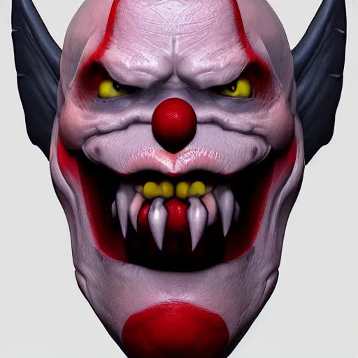 Prompt: 3d sculpt of an evil clown face with bat wings, skull, artstation, digital illustration