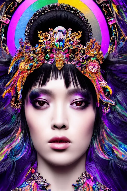 Image similar to a singular beautiful empress dramatic portrait, black hair, with a brilliant, impossible striking shiny big multi colored crystal headpiece, symmetrical, reflective surface, rainbow crystal clothes, rococo, baroque, jewels, asian, realistic, dramatic studio lighting, closeup, D&D, fantasy, intricate, elegant, highly detailed, digital painting, artstation, octane render, 8k, concept art, matte, sharp focus, illustration, art by Artgerm and Greg Rutkowski and Alphonse Mucha