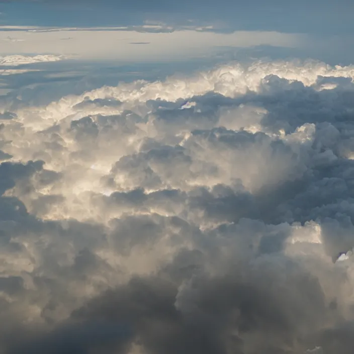 Image similar to Endless storm clouds towering high, seen from a plane, a lightning is visible, no ground visible, very detailed, 8k resolution, pale yellow hue with brown shadows